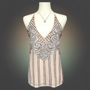 Express Womens Small Halter Top Blush Y2K Glam Rhinestone Sequin Open Back